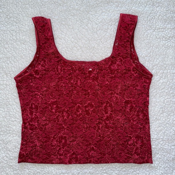 VTG lace corset style red floral stretch tank top sheer vintage vamp lingerie S - Picture 2 of 7
